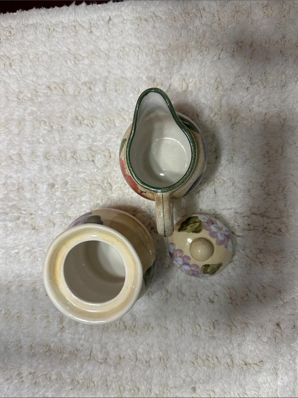 Hand-Painted Ceramic Sugar Bowl & Creamer Set - Beige and Purple Floral